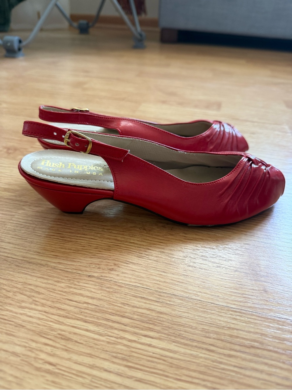 Vintage Hush Puppies Red Leather Peep Toe Slingback Kitten Heels 6.5W USA
